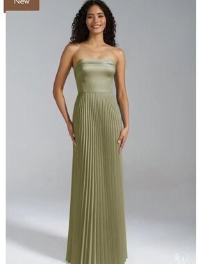 AW BRIDAL Strapless Olive Green Pleated Maxi Dress